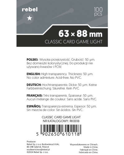 Koszulki na karty Rebel (63x88 mm) Corvus Light 100 sztuk
